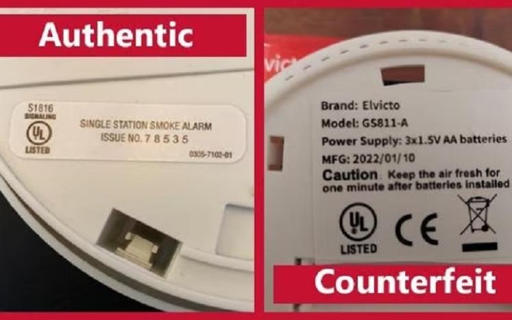 picture of approved smoke detector compared to a counterfeit detector